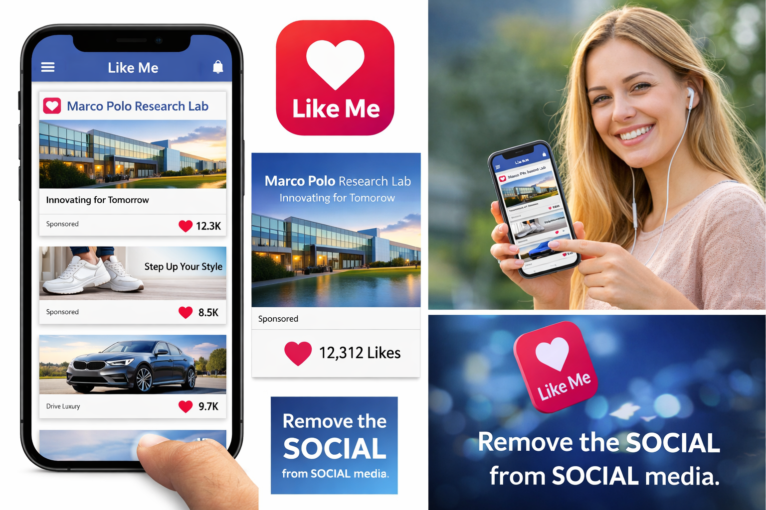 Like Me launch collage with app mockups, campaign art, and a user happily liking ads.