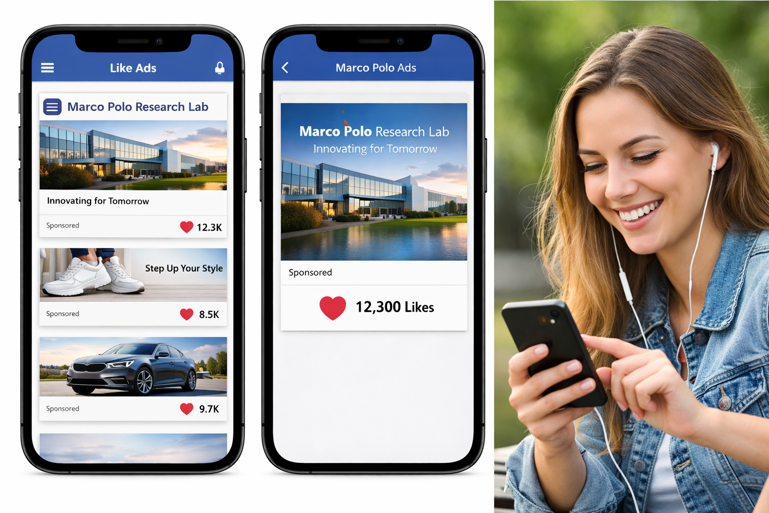 Like Me app mockups showing a feed made entirely of sponsored content.